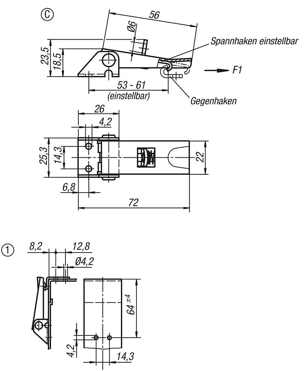 Kipp K0046.3420722 SPANNVERSCHLUSS EINSTELLBAR, FORM C, EDELSTAHL - K0046-SVC Spannverschluesse einstellbar Anschraubbohrungen sichtbar Form C - Massblatt