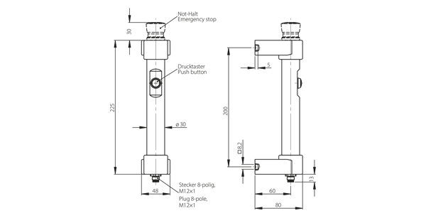 Leschhorn FG16-04S.200.36 Edelstahl Funktionsgriffe A 200, 1 Not-Halt (2 Öffner), 1 Drucktaster (Schließer), Edelstahl 1.4301,  (1 emergency stop, 1 push button) - LE FG16-01 und FG16-04 Edelstahl Funktionsgriffe mit NOT-Halt Schaltfunktion - TZ