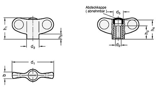 Ganter 634-40-M5-E-DBL Flügelmuttern mit Messing Buchse - GN 634 Fluegelmuttern mit Messing Buchse-Skizze