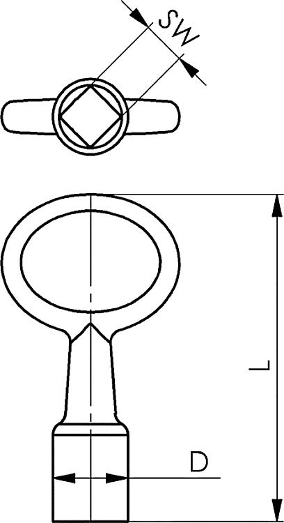 AMF 7417- 6 Dornschlüssel mit Innenvierkant, SW: 6, D: 11, L: 55 - DIN 7417 Dornschluessel mit Innenvierkant-Skizze