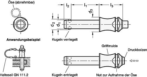 Ganter 113.3-8-35 EDELSTAHL KUGELSPERRBOLZEN, SELBSTSICHERND - GN 113-3 Edelstahl Kugelsperrbolzen mit Griffmulde -Skizze