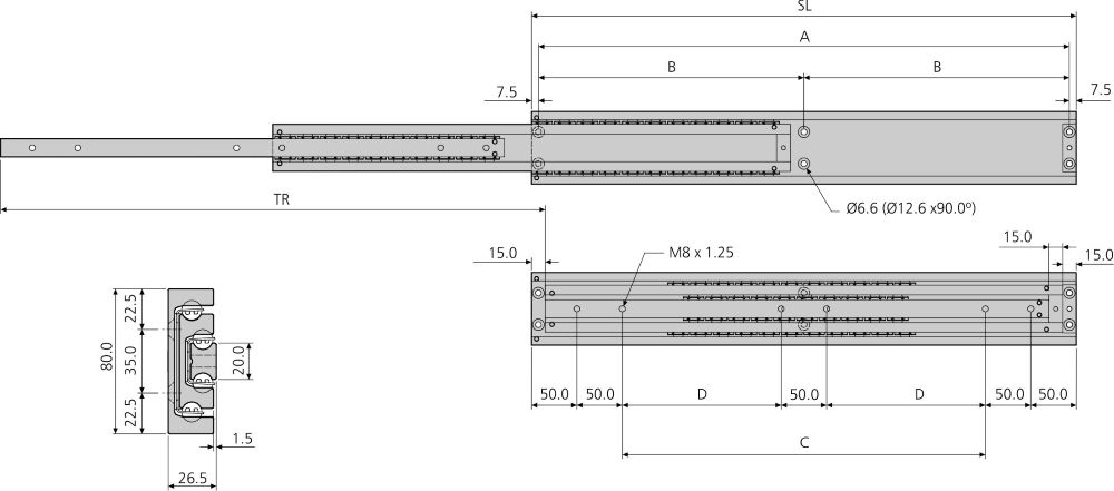 Leschhorn HP 8026-0030 Hochpräzise Aluminium Schwerlast Teleskopschienen 100% Vollauszug, 26,5x80, SL 300, TR 300, LW=240kg - LE HP 8026 Profilquerschnitt und Bemassung