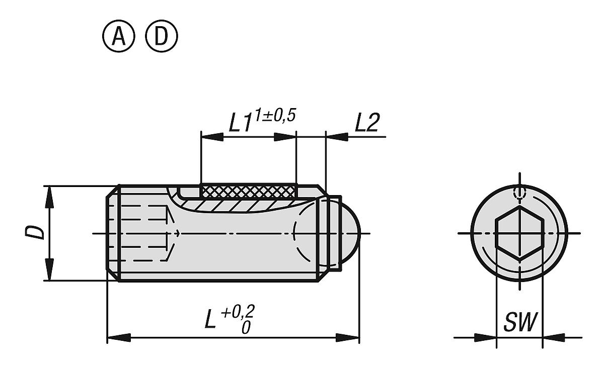 Norelem 07105-31230 KUGELDRUCKSCHRAUBE FORM D LONG LOK OHNE KOPF, D1=M12, L1=32 - NLM 07105 Kugeldruckschrauben ohne Kopf  mit voller Kugel LONG LOK gesichert - Massblatt