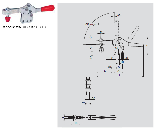DESTACO 237-U Horizontalspanner Haltekraft 3400N, Öffnungswinkel 90° - 237-UB UB-LS Horizontalspanner - U- Spannarm - Fuss abgewinkelt