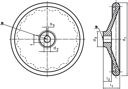 Halder 24570.0105 Scheibenhandrad DIN 3670 Ø 100 x Ø 10, ohne Stahlbuchse, Form B, ohne Nut, d2 klein - Scheibenhandraeder Scheibenhandrad DIN 3670 - Durchmesser 100 x Durchmesser 12 - ohne Stahlbuchse - Form B