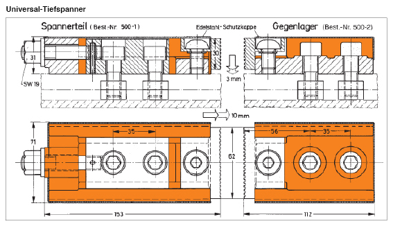Leschhorn T500 Universal-Tiefspanner CARVER bestehend aus: Spannerteil beweglicher Kopf (T500-1) Gegenlager (T500-2) fester Kopf; Haltekraft: Horizontal 2250 daN;  Vertikal 900 daN - LE71521 T500 Universal-Tiefspanner CARVER