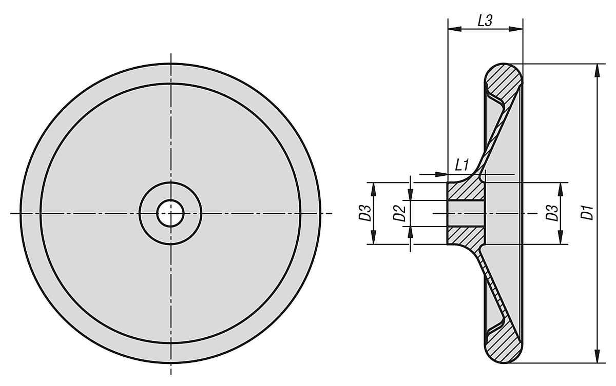 Norelem 06279-0080X10 SCHEIBENHANDRAD ÄHNL. DIN 950, O.NUT, D1=80, D2=10 - aehnlich DIN 950 Scheibenhandraeder  - Massblatt