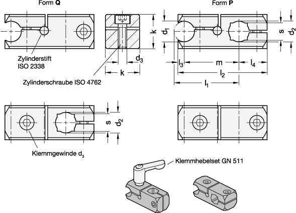 Ganter 474.2-B10-B10-P-ELS  Reling-Klemmhalter, Aluminium, teilbar, mit Quer- / Parallelbohrung, Bohrung d1: B 10, Bohrung d2: B 10, Form: P - mit Parallelbohrung - GN 474-2 Reling-Klemmhalter - Aluminium - teilbar - mit Quer- Parallelbohrung - Massblatt