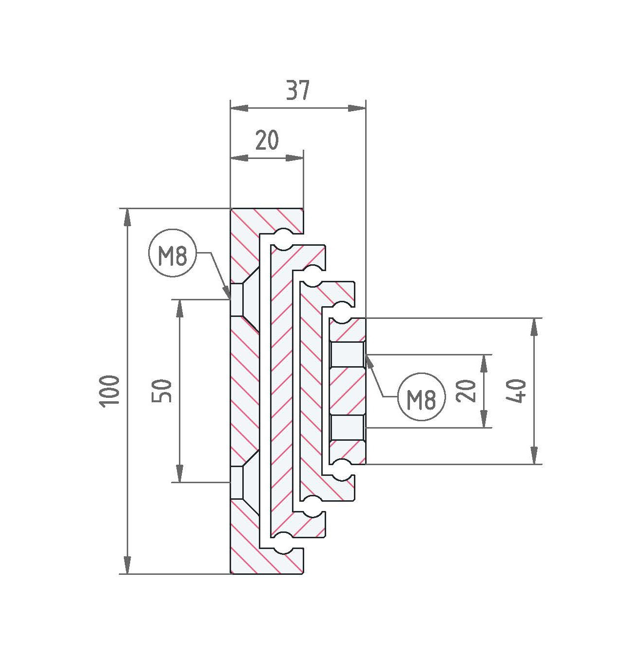 Leschhorn HP3CU 10037-0300-GS-ST Hochpräzise Schwerlast-Teleskopschienen, 3C-Profil 100x37, Überauszug 150%, A=450, GS: Gewinde M8/Senkbohrung für M8, Lastwert 355kg, Stahl verzinkt - LE HP3CU-10037 Profilquerschnitt