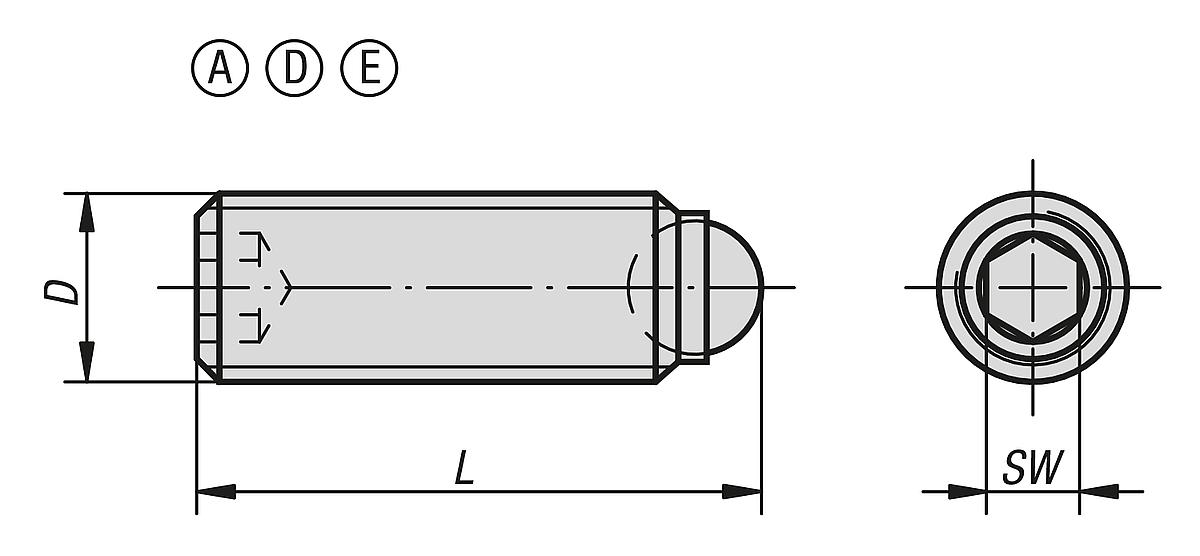 Norelem 07111-30510 KUGELDRUCKSCHR. FORM D, EDELSTAHL, OHNE KOPF, D1=M5, L1=10 - NLM 07111 Kugeldruckschrauben Edelstahl ohne Kopf  mit voller Kugel - Massblatt