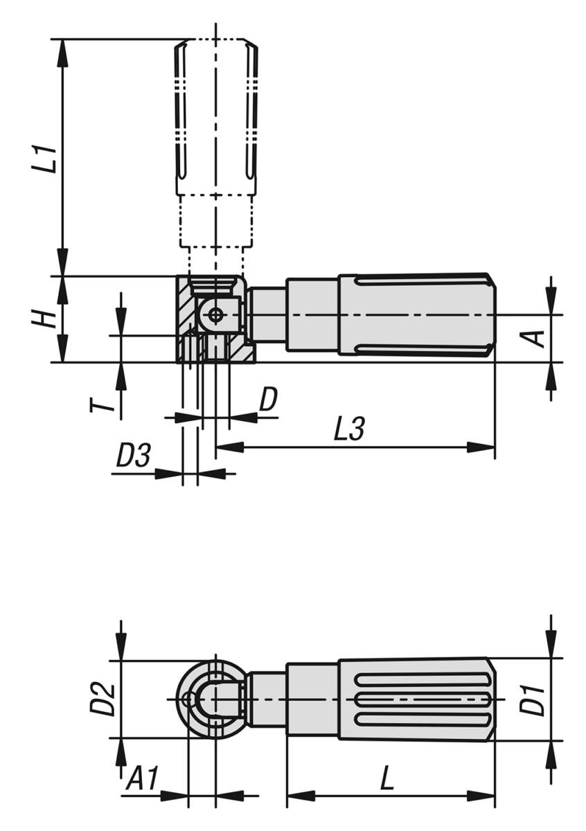 Norelem 06326-01-306 ZYLINDERGRIFF UMLEGBAR, GR.3, INNENGEWINDE M06, L1=59,5, THERMOPLAST, KOMP:STAHL - NLM 06326-01 Zylindergriffe Kunststoff umlegbar-Skizze