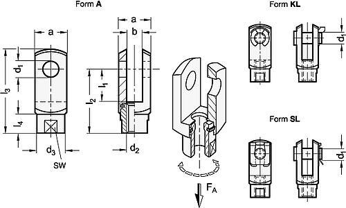 Ganter 751.1-10-20-M10-SL Gabelgelenke mit drehbarem Schaft - GN 751-1 Gabelgelenke mit drehbarem Schaft-Skizze