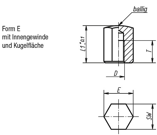 Norelem 02040-515 POSITIONSFUß, FORM:E, AUTOM.STAHL BRÜN. U. EINSATZGEHÄRTET, SW=17 - Norelem 02040-E Positionsfuesse mit Innengewinde Form E