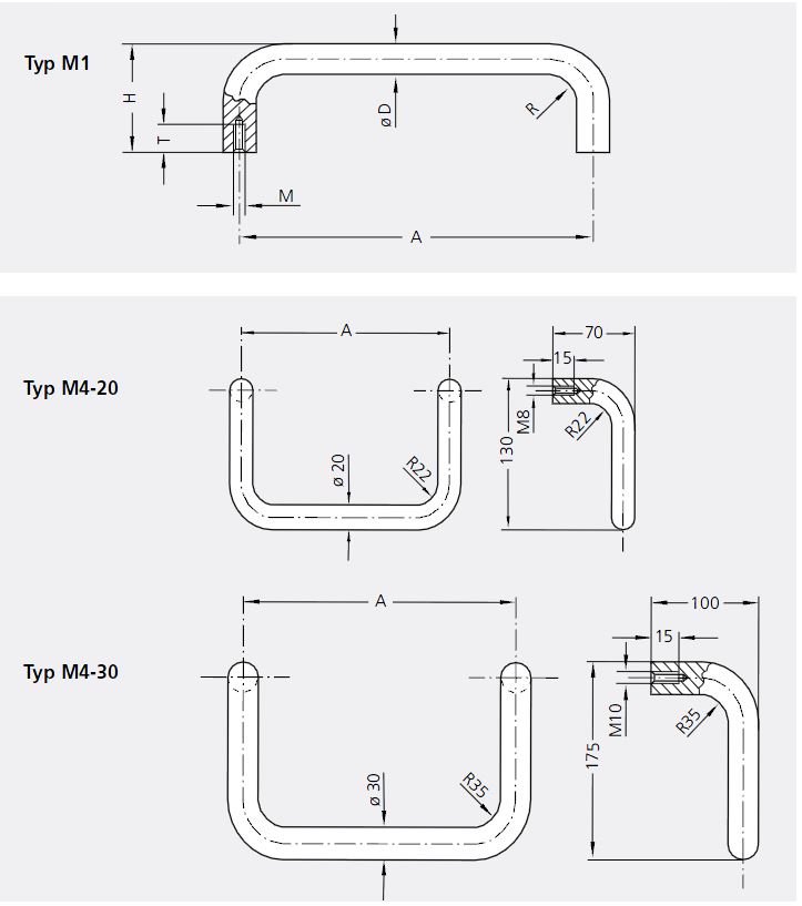 Leschhorn M1-30.R400.9002   " Clean Line " Maschinengriff Rohr Ø 30 mm A 400, grauweiß pulverbeschichtet - Leschhorn M1 M4 -Clean Line- abgewinkelte Maschinengriffe Zeichnung