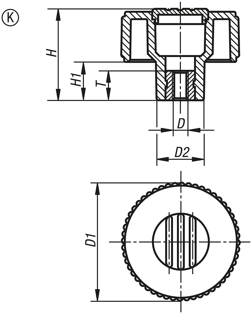 Kipp K0261.21066 NOVO.GRIP RÄNDELRAD  GR.1  FORM K  EDELSTAHL, D=40  M6, DECKEL VERKEHRSROT - K0261-K Raendelraeder mit Innengewinde - Stahlteile aus Edelstahl - Form K - Massblatt