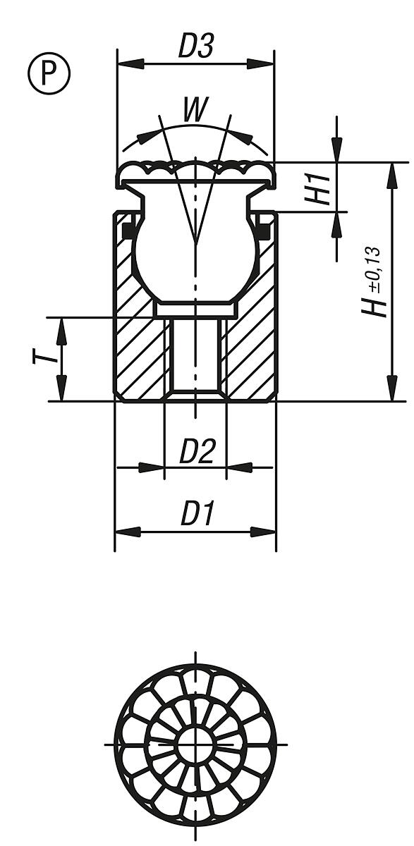 Kipp K0284.610X030 PENDELAUFLAGE FORM P MIT O RING D3=M10, L=30 - K0284-P Pendelauflagen mit O Ring - Form P - Massblatt