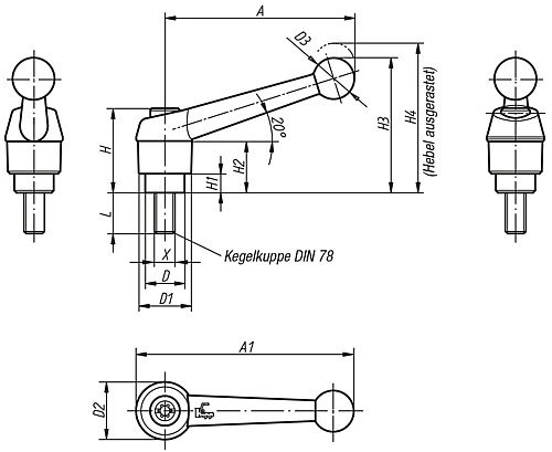 Kipp K0117.1051X10 KLEMMHEBEL GR.1  M5X10        EDELSTAHL, GRIFFHEBEL SCHWARZ SEIDENMATT - KIPP K0117 Klemmhebel mit Aussengewinde - Stahlteil