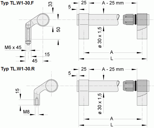 Leschhorn TL.W1-30.RR25.11    Griffschenkel einzeln rechts, rückseitig - Leschhorn TL-W1 Rohrgriffserie -Technical Line-- Zeichnung Typ TL-W1-30-F und TL-W1-30-R