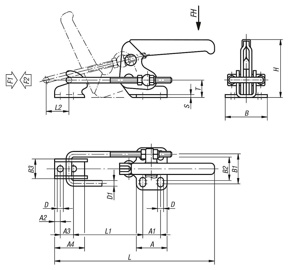 Kipp K0080.0250 BÜGELSPANNER HORIZONTAL, MIT GEGENHALTER, P=250 daN - K0080 Buegelspanner horizontal mit Gegenhalter - Massblatt
