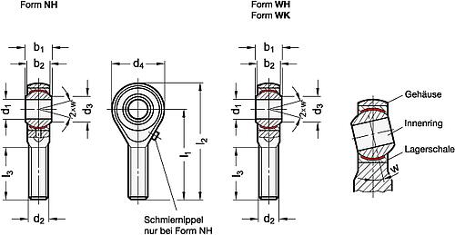 Ganter 648.6-14-M14-WK EDELSTAHL GELENKKOPF MIT SCHRAUBE, WARTUNGSFREI - GN 648-6 Gelenkkoepfe mit Schraube - Edelstahl-Skizze