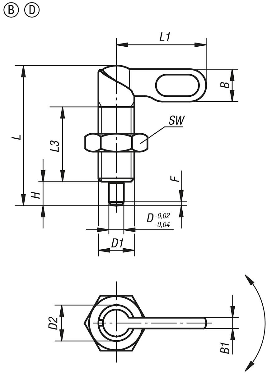 Kipp K0348.0708121 SPERRRIEGEL FORM D, D=8, D1=M12X1,5 MIT MUTTER - K0348-BD Sperrriegel Form B und D - Massblatt