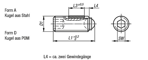 Norelem 07105-31230 KUGELDRUCKSCHRAUBE FORM D LONG LOK OHNE KOPF, D1=M12, L1=32 - Norelem 07105 Kugeldruckschrauben ohne Kopf mit voller Kugel LONG LOK gesichert