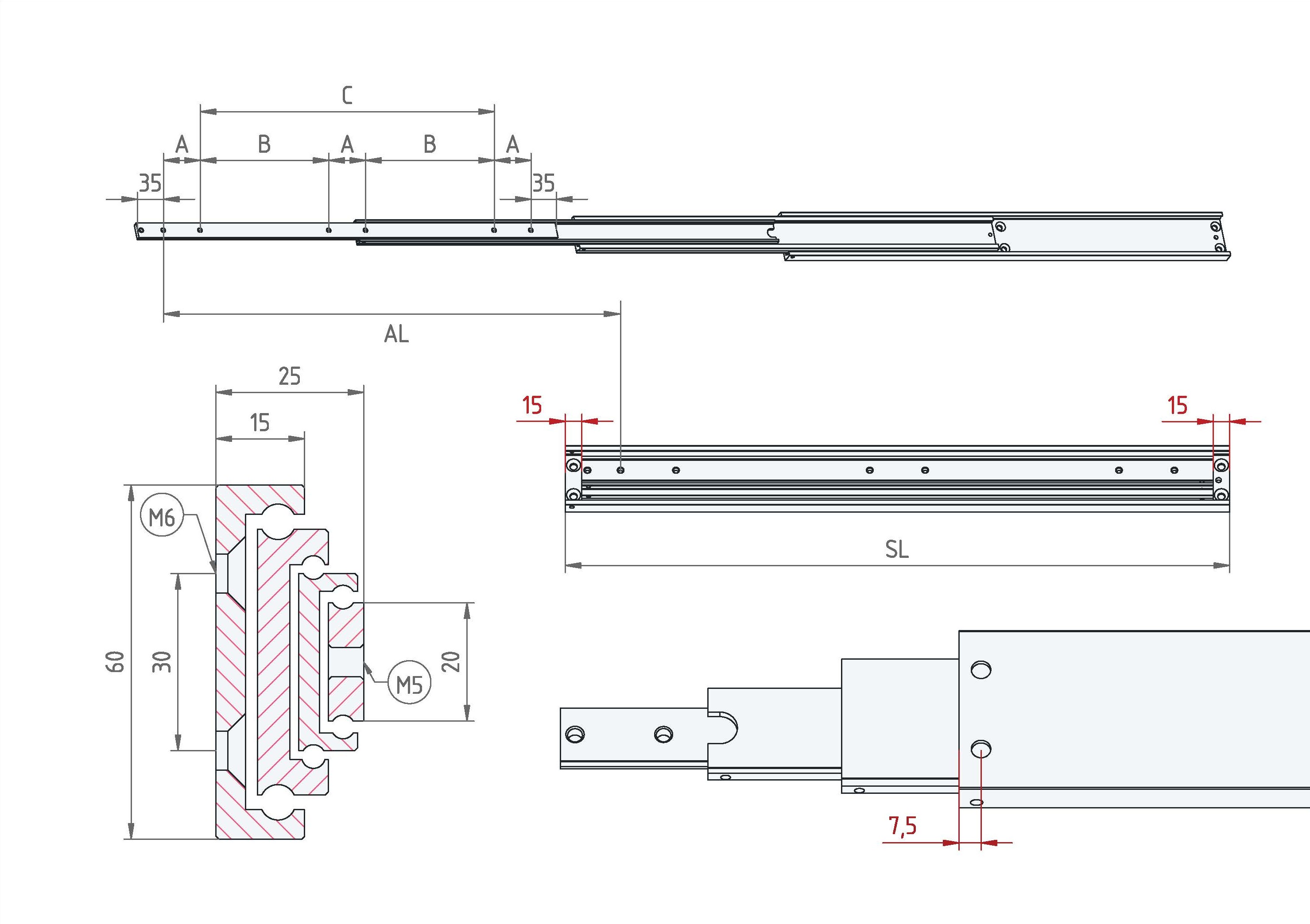 Leschhorn HP3CU 6025-0300-GS-ST Hochpräzise Schwerlast-Teleskopschienen, 3C-Profil 60x25, Überauszug 150%, A=450, GS: Gewinde M5/Senkbohrung für M6, Lastwert 220kg, Stahl verzinkt - LE HP3CU-6025 Technische Zeichnung