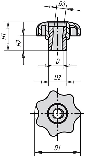 Kipp K0156.05 SCHNELLSPANN STERNGRIFF D1=25  M5, - KIPP K0156 Schnellspann Sterngriffe