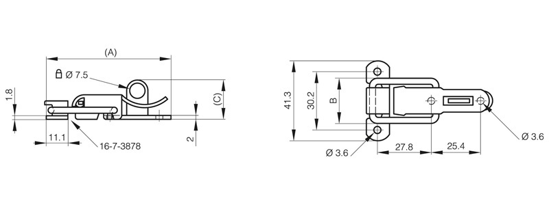 Leschhorn 16-7-3879 Spannverschluss mit Vorhängeschloss, ohne Schließblech 65mm, A= 65mm, B= 23,4, Material: Stahl, verzinkt - LE 16-7-3879 Spannverschluss mit Vorhaengeschloss - ohne Schliessblech 65mm-Skizze