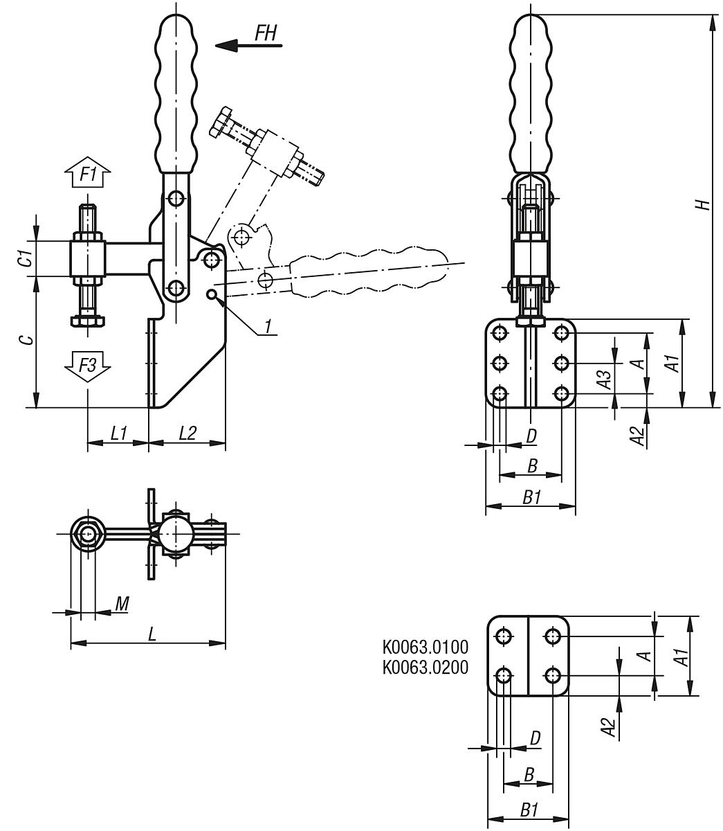 Kipp K0063.0300 SCHNELLSPANNER VERTIKAL, MIT WINKELFUSS, P=300 daN - K0063 Schnellspanner vertikal mit Winkelfuss und fester Andruckspindel - Massblatt