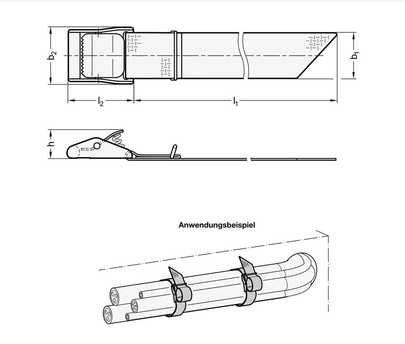 Ganter 1110-25-1000-NI-SW Spannriemen, Verschluss: NI - Edelstahl, 1.4301, Gurt: Kunststoff Polyester - GN-1110-Spannriemen-Verschluss-Stahl-Edelstahl-Gurt-Kunststoff-Skizze