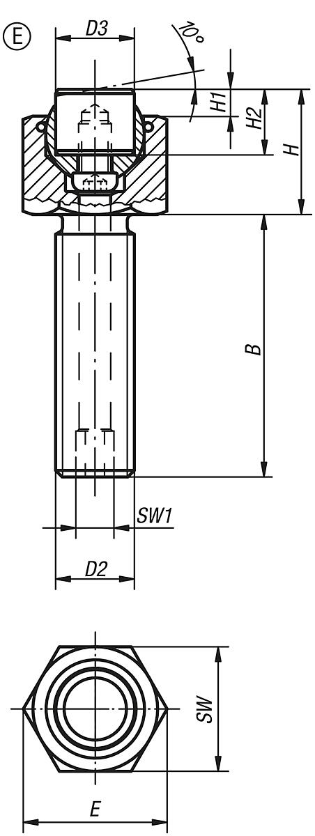 Kipp K0289.210X030 PENDELAUFLAGE FORM E MIT O RING D1=M10, L1=30 - K0289-E Pendelauflagen verstellbar - mit O Ring und auswechselbaren Einsaetzen - Form E - Massblatt