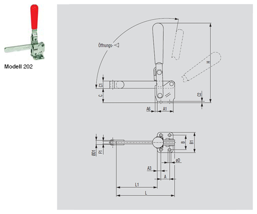 DESTACO 202-B Vertikal-Kniehebelspanner Haltekraft 1100 N - 2000 N, Öffnungswinkel 100° - 105° - 202 Vertikalspanner - massiver Spannarm - Fuss abgewinkelt