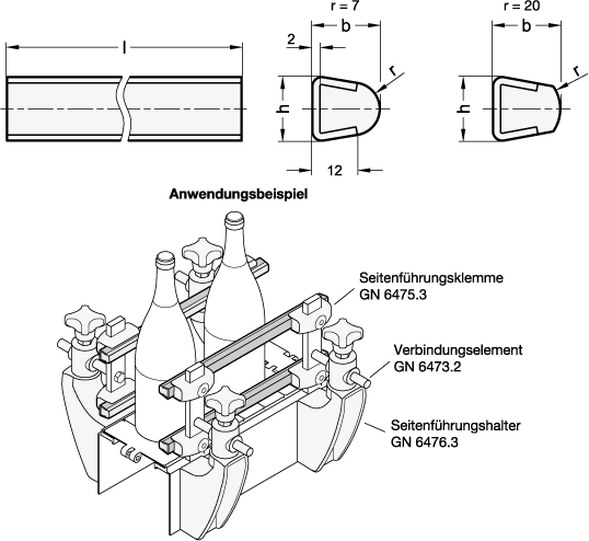 Ganter 6475.1-T-20-1500-18  Seitenführungen, Kunststoff, Führungskontur ballig, Radius r: 20, Länge l: 1500, Breite b: 18, 1 VPE= 2 Stück - GN 6475-1 Seitenfuehrungen - Kunststoff - Fuehrungskontur ballig - Massblatt