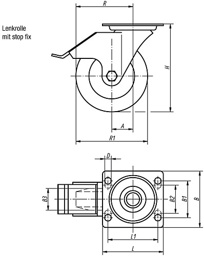Norelem 95018-100372 LENKROLLE MIT FESTSTELLSYS STOP-FIX,, D=100, B=32, GUMMI, KOMP:STAHL - Norelem 95018-LS Lenkrolle mit stop fix