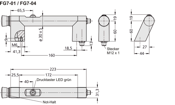 Leschhorn FG7-01.RA160.01   Funktionsgriffe Anschluß A rechts, A 160,  Griff mit 1 Taster - Zeichnung FG7-01 und FG7-04 Funktionsgriffe - ein Drucktaster - mit oder ohne Nothalt-Schalter