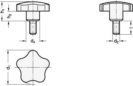Ganter 5334-40-M8-50  Sterngriffschrauben, Edelstahl 1.4301 (A2), Griffdurchmesser d1: 40, Gewinde d2: M 8, Länge Länge l: 50 - GN 5334 Sterngriffschrauben - Edelstahl A2 - Massblatt
