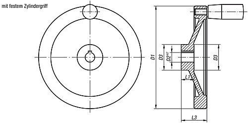 Norelem 06275-3200X20 SCHEIBENHANDRAD ALU, FESTST.GR.M.NUT, D1=200, D2=20 - Norelem 06275-MFG Scheibenhandraeder aus Aluminium - mit festem Zylindergriff