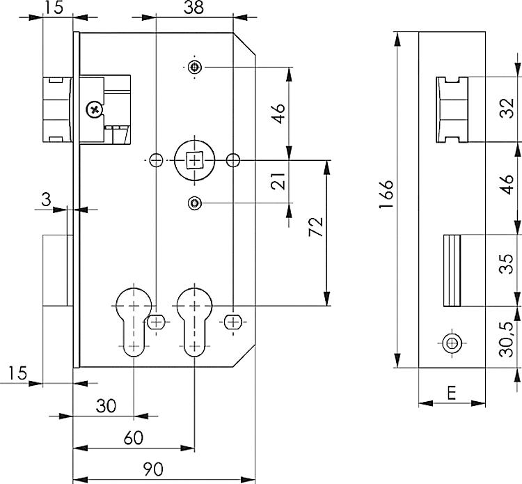 AMF 142D-40ZW Schloss für zwei Profilzylinder, verzinkt, mit Wechsel, Schließung: PZW, für Kastenbreite: 40 mm, E: 33 mm - LE 142D Schloss fuer zwei Profilzylinder - verzinkt - mit Wechsel-Skizze