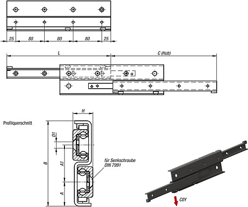 Norelem 21342-280290 TELESKOPSCHIENE, S FORM, L=290 MM - LE 21342 Teleskopschienen S Form