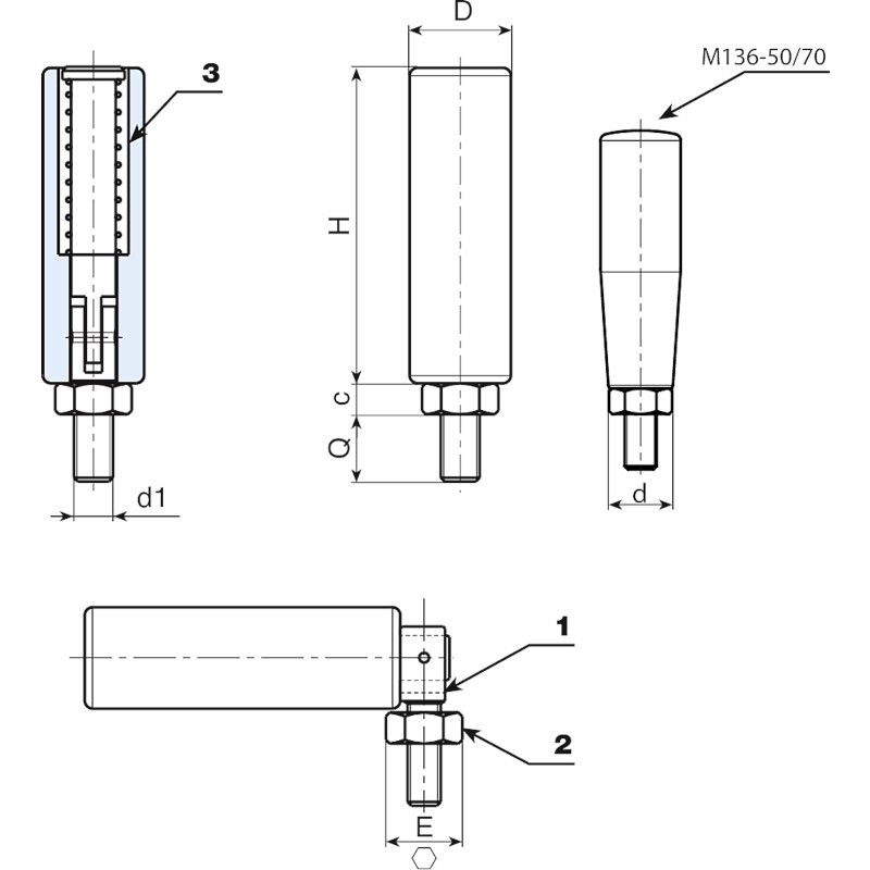 Leschhorn M136C Umleggriffe  H 49; d 15; Gewinde d1 M6; Kunststoff PA, schwarz - LE M136CIN Umleggriffe-Gewindestift-aus-Edelstahl-Skizze