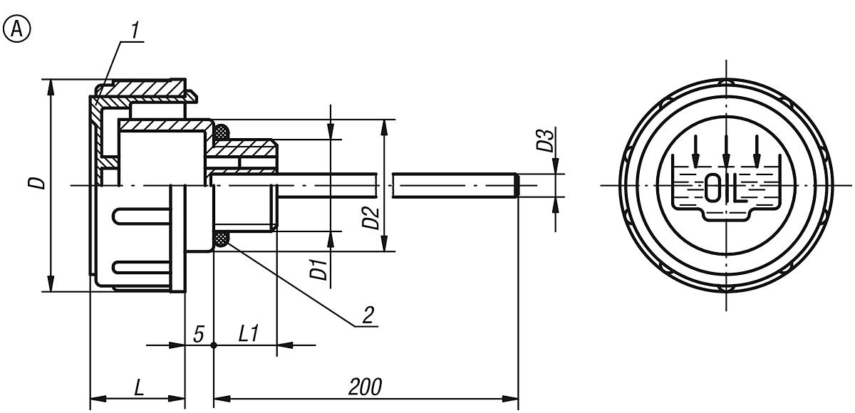 Norelem 28054-147034 ENTLÜFTUNGSSCHRAUBE FORM A, D=47, D1=G 3/4 - NLM 28054-A Entlueftungsschrauben mit OElmessstab Form A - Massblatt