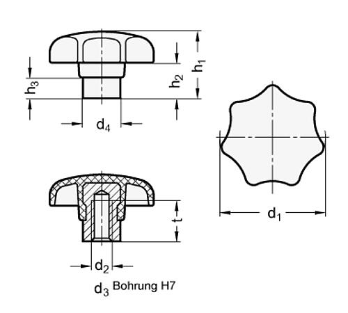 Ganter 6336.2-25-M5-E Sterngriffe, Thermoplast, mit vorstehender Stahlbuchse - GN 6336-2 Sterngriffe - Thermoplast - mit vorstehender Stahlbuchse-Skizze