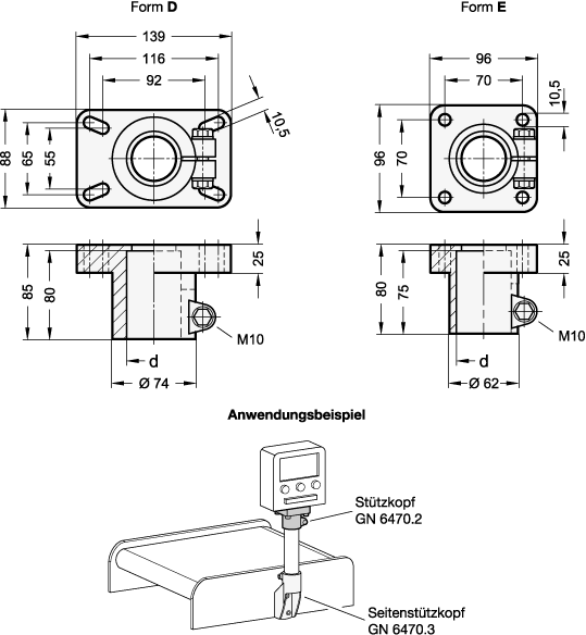 Ganter 6470.2-B42,4-D  Stützköpfe, Kunststoff, Bohrung d (Form D): B 42,4, Form: D - mit Langlöchern, Nenngrösse Rohr DIN EN 10220 / EN 10255: 1 1/4" - GN 6470-2 Stuetzkoepfe - Kunststoff - Massblatt