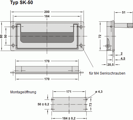 Leschhorn SK-50.R184.00 Schalenklappgriffe Rückstellfeder A 184, unlackiert und unmontiert - LE SK - Clean Line - Schalenklappgriffe - Massblatt