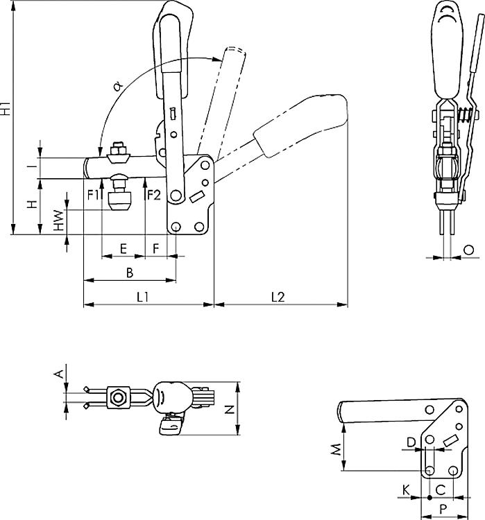 AMF 6802BS-3 Senkrechtspanner mit Sicherheitsverriegelung, schwarz, Größe : 3, F1: 1,4 kN, F2: 2,5 kN - LE 6802BS Senkrechtspanner mit Sicherheitsverriegelung - schwarz-Skizze