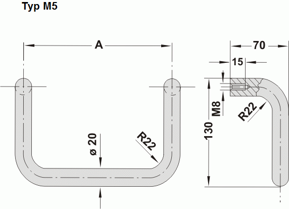Leschhorn M5-20.200.54   abgewinkelte Maschinengriffe Ø 20 mm; A 200,  schwarz pulverbeschichtet - Leschhorn M5 abgewinkelte Maschinengriffe