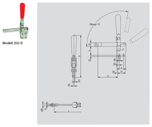 DESTACO 202-B Vertikal-Kniehebelspanner Haltekraft 1100 N - 2000 N, Öffnungswinkel 100° - 105° - 202-B Vertikalspanner - massiver Spannnarm - Fuss gerade