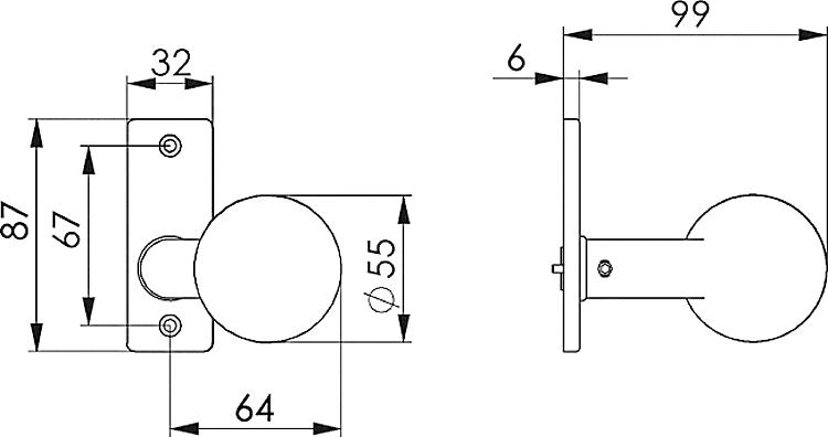 AMF 438 Türknopf, gekröpft, drehbar: -, fest: Ja, Rosette: 32 x 87 x 6 mm - LE 438 Tuerknopf - gekroepft -Skizze