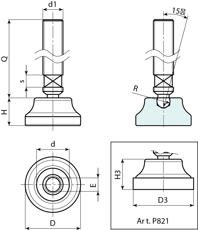 Leschhorn P820 Gelenkfüße  D3  26; d 18; Gewinde d1 M12; Kunststoff PA, schwarz, - Boteco P820 Gelenkfuesse
